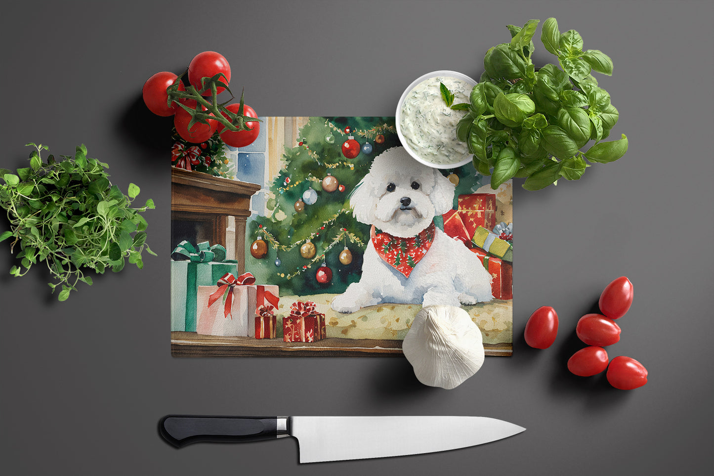 Bichon Frise Cozy Christmas Glass Cutting Board