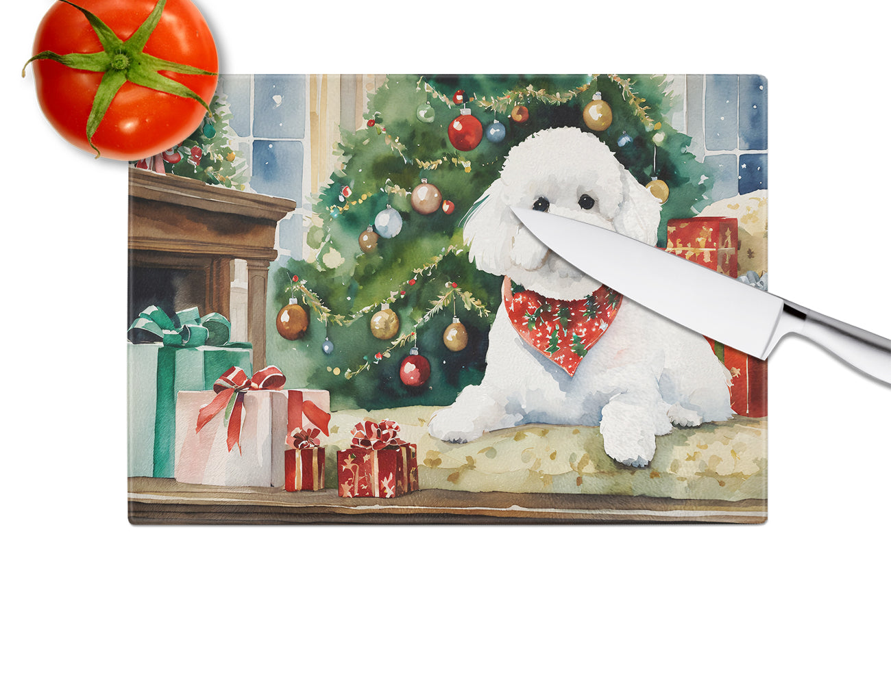 Bichon Frise Cozy Christmas Glass Cutting Board