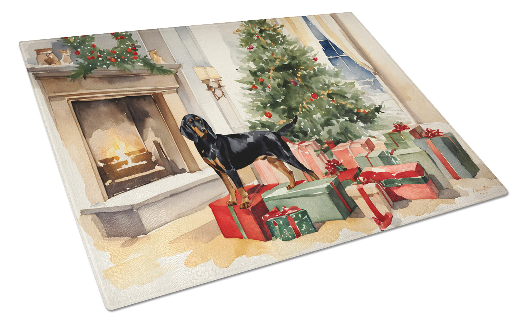 Buy this Black and Tan Coonhound Cozy Christmas Glass Cutting Board