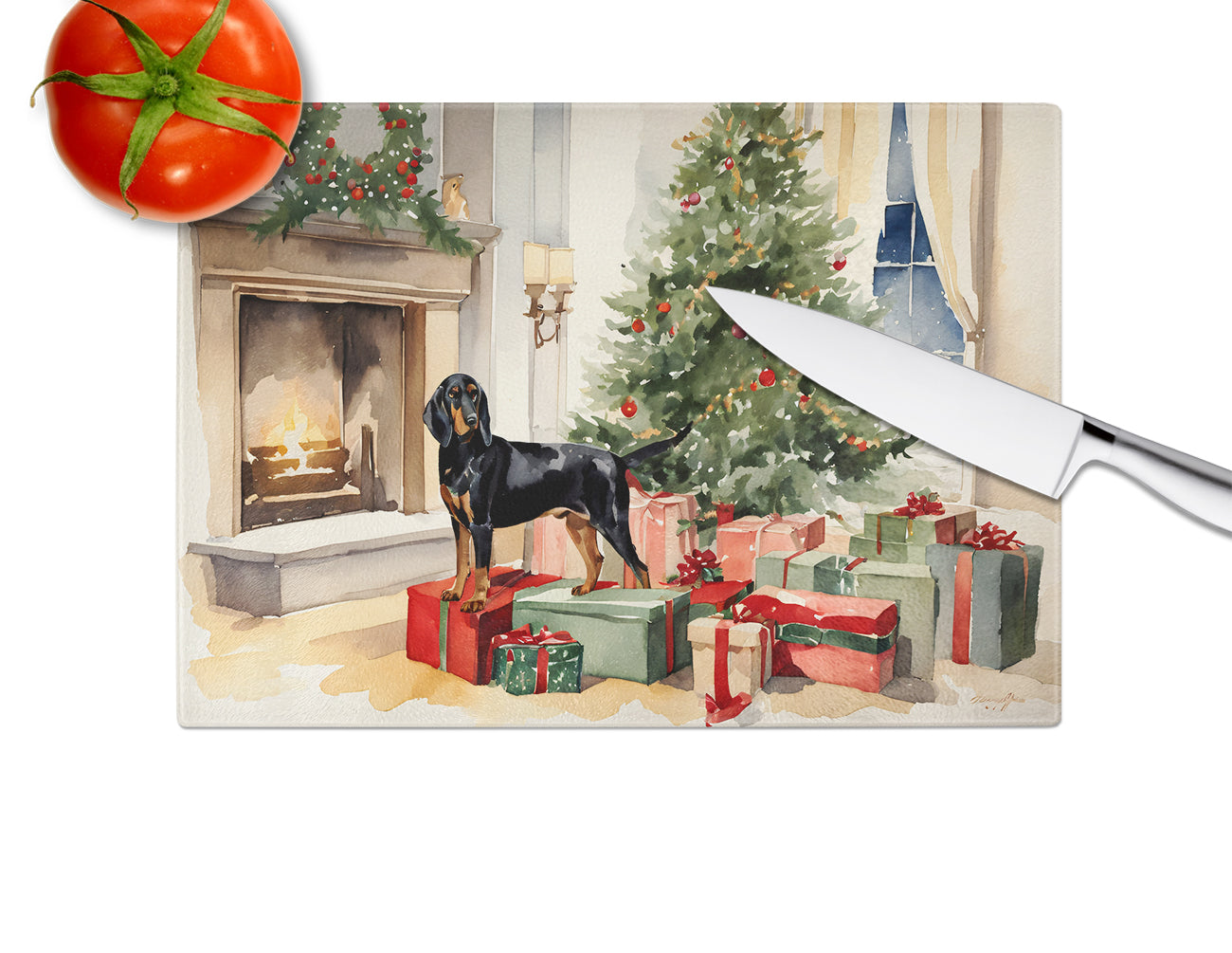 Black and Tan Coonhound Cozy Christmas Glass Cutting Board