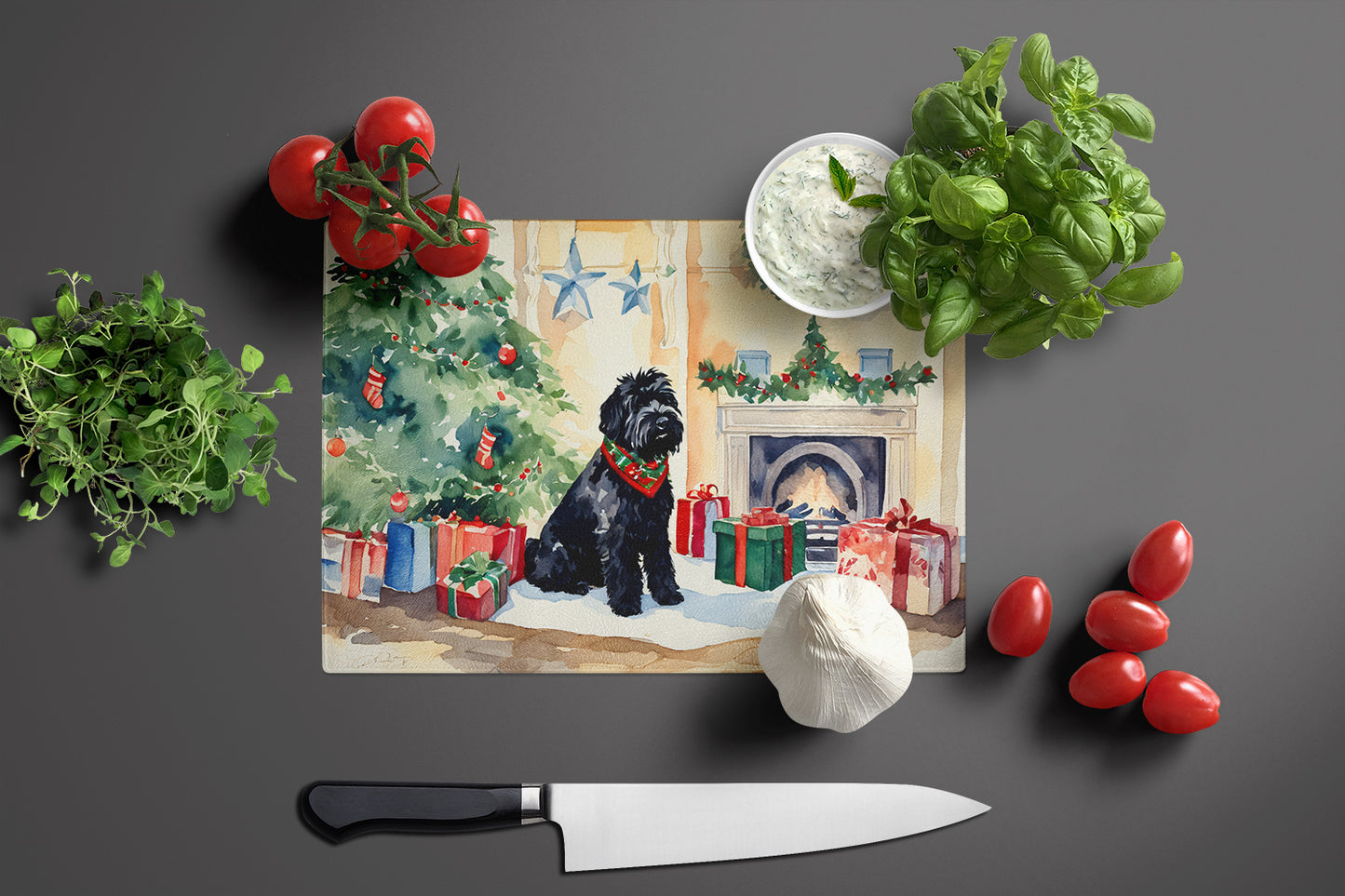 Black Russian Terrier Cozy Christmas Glass Cutting Board