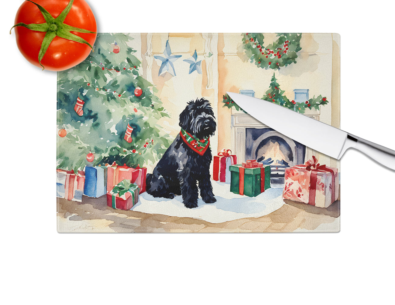 Black Russian Terrier Cozy Christmas Glass Cutting Board