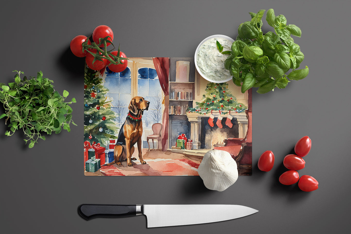 Bloodhound Cozy Christmas Glass Cutting Board