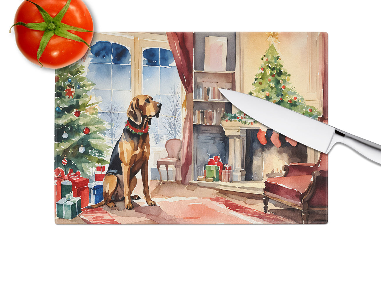 Bloodhound Cozy Christmas Glass Cutting Board