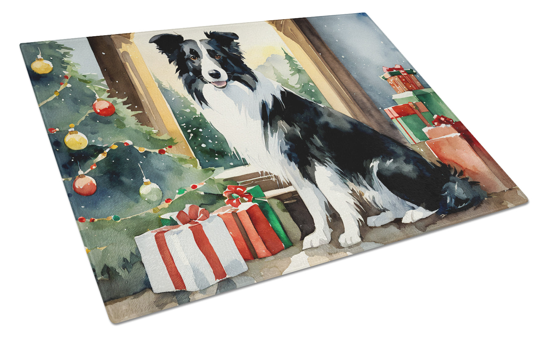 Buy this Border Collie Cozy Christmas Glass Cutting Board