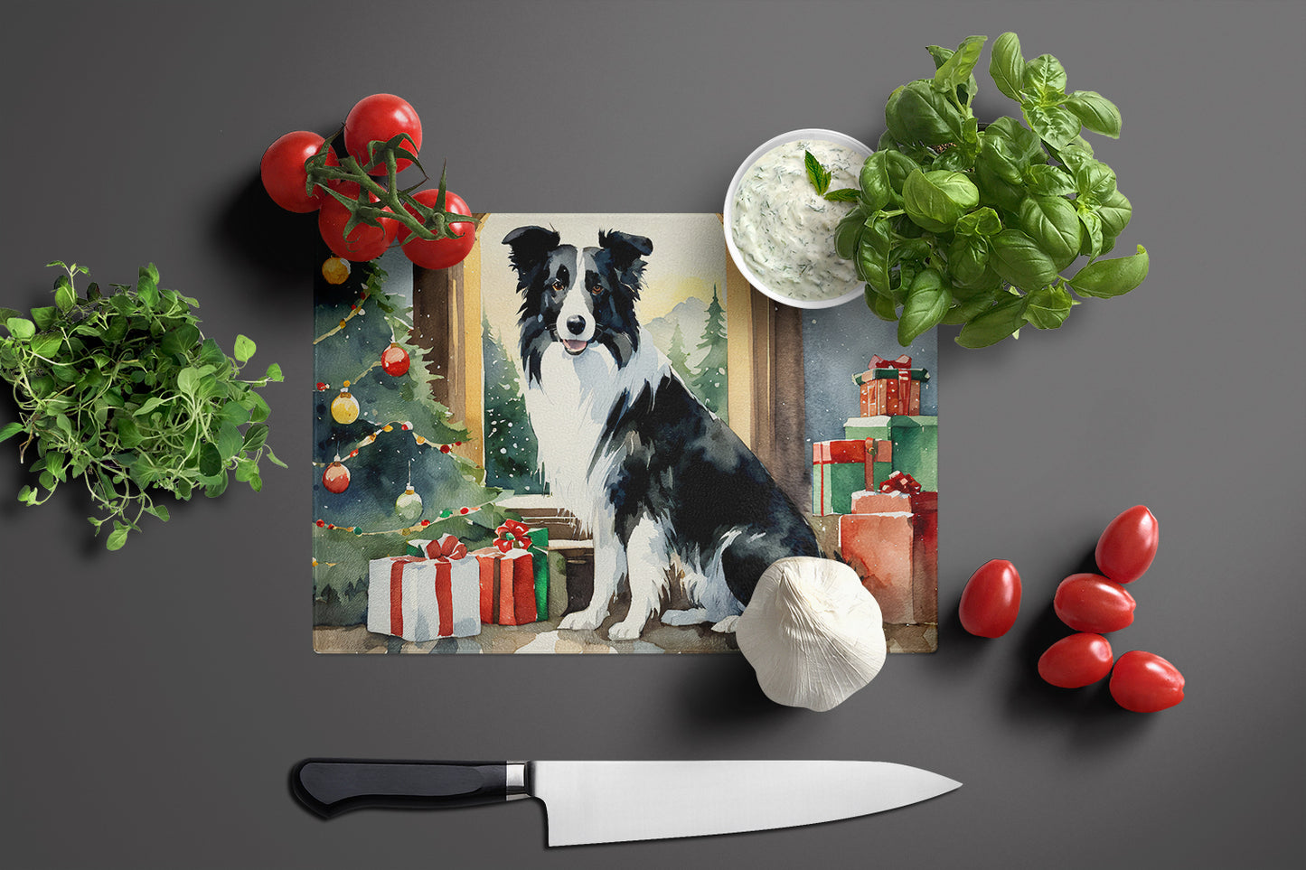 Border Collie Cozy Christmas Glass Cutting Board