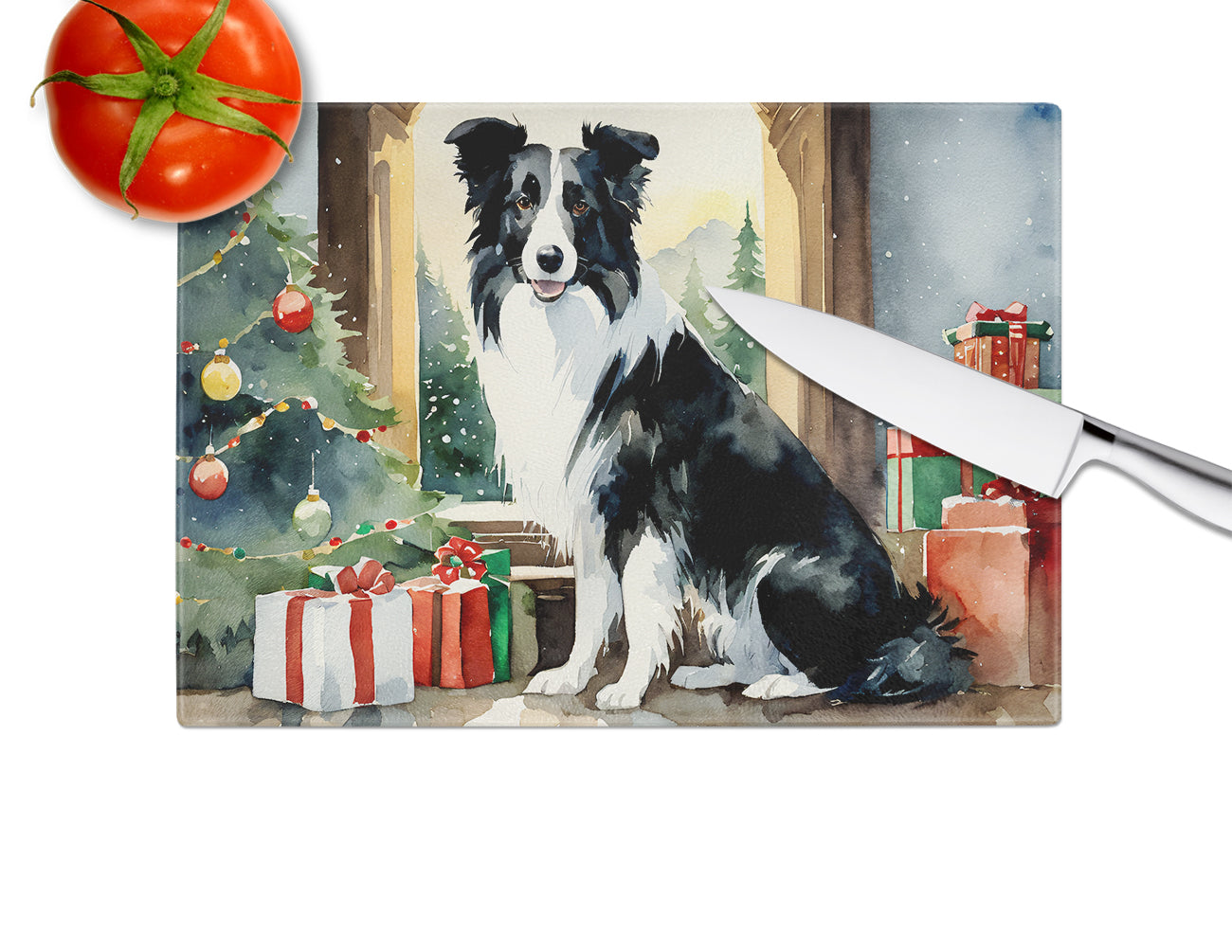 Border Collie Cozy Christmas Glass Cutting Board