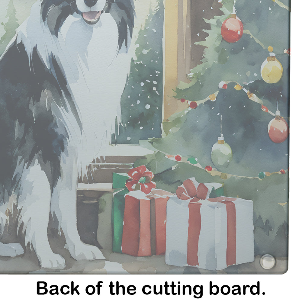 Border Collie Cozy Christmas Glass Cutting Board