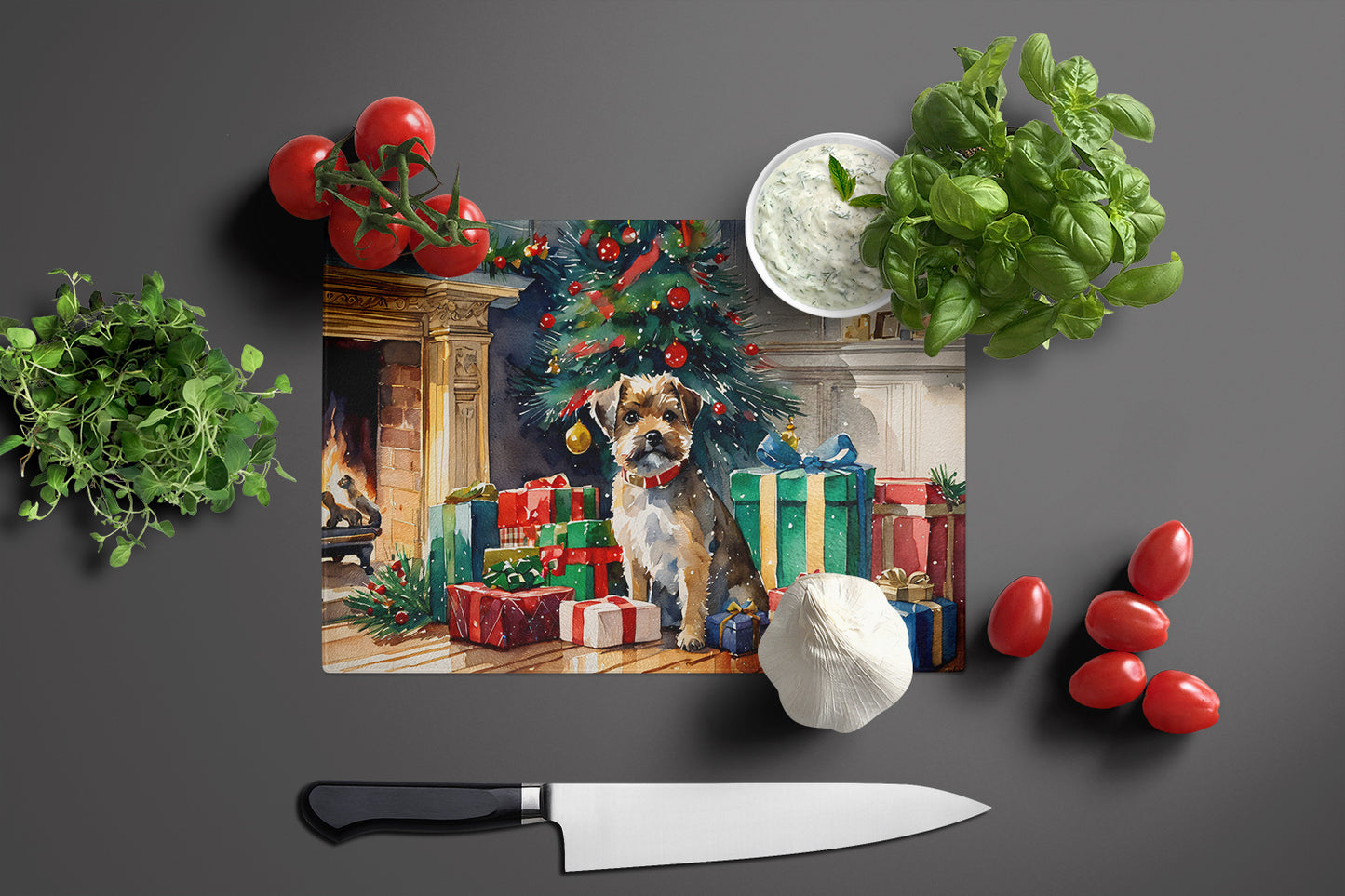 Border Terrier Cozy Christmas Glass Cutting Board