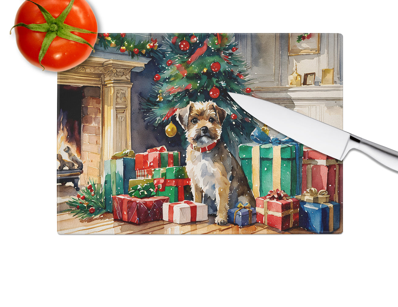 Border Terrier Cozy Christmas Glass Cutting Board