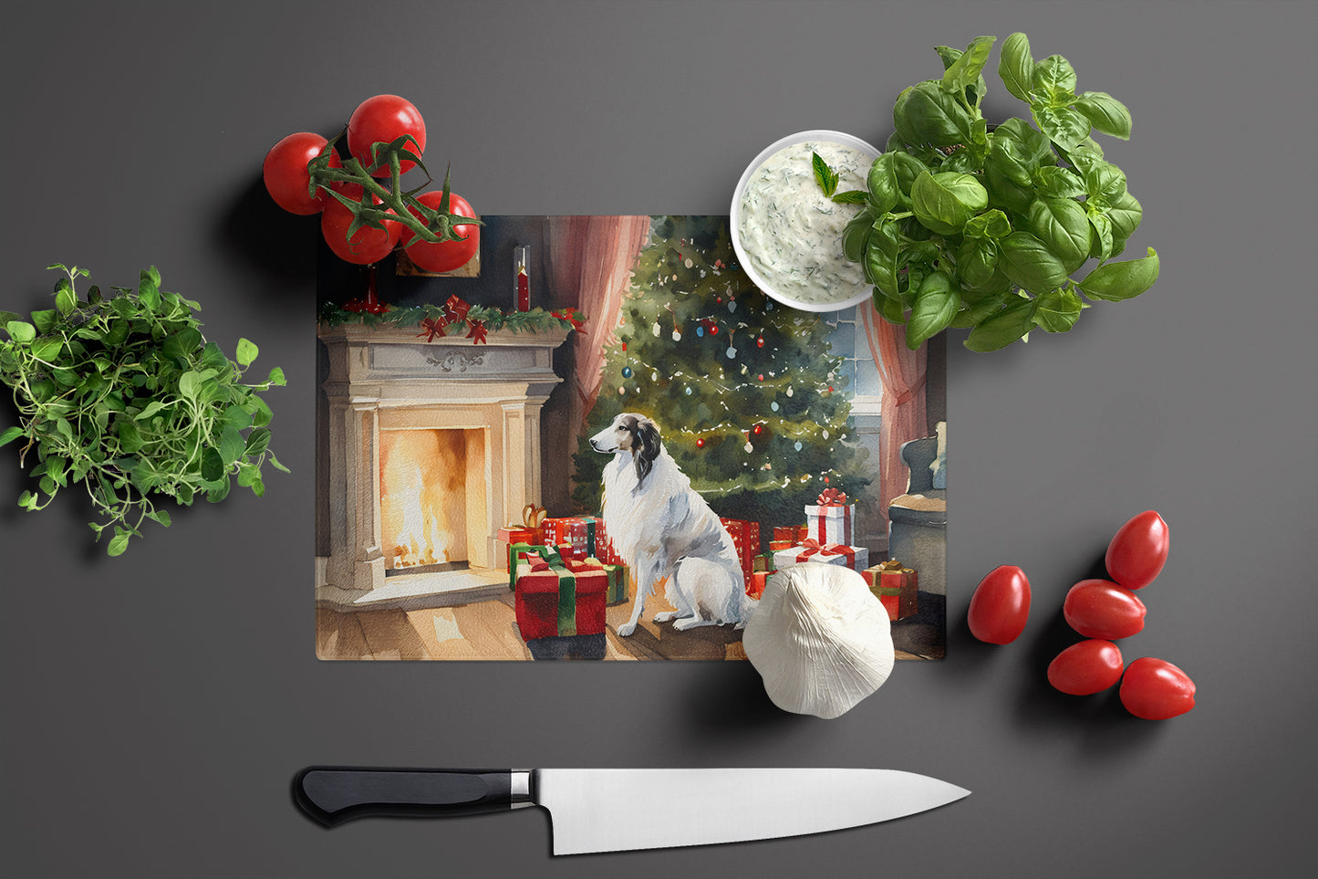 Borzoi Cozy Christmas Glass Cutting Board