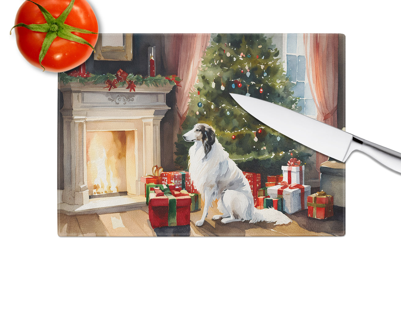 Borzoi Cozy Christmas Glass Cutting Board