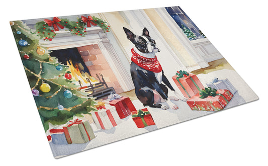 Buy this Boston Terrier Cozy Christmas Glass Cutting Board