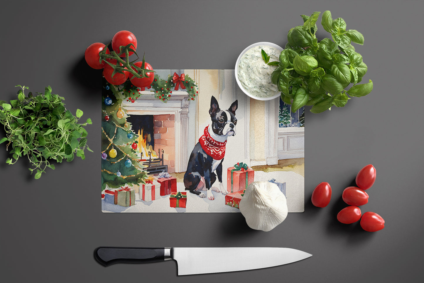 Boston Terrier Cozy Christmas Glass Cutting Board