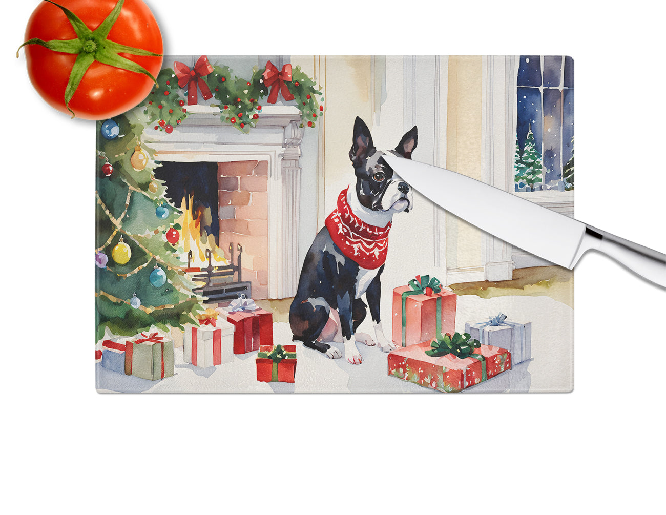 Boston Terrier Cozy Christmas Glass Cutting Board