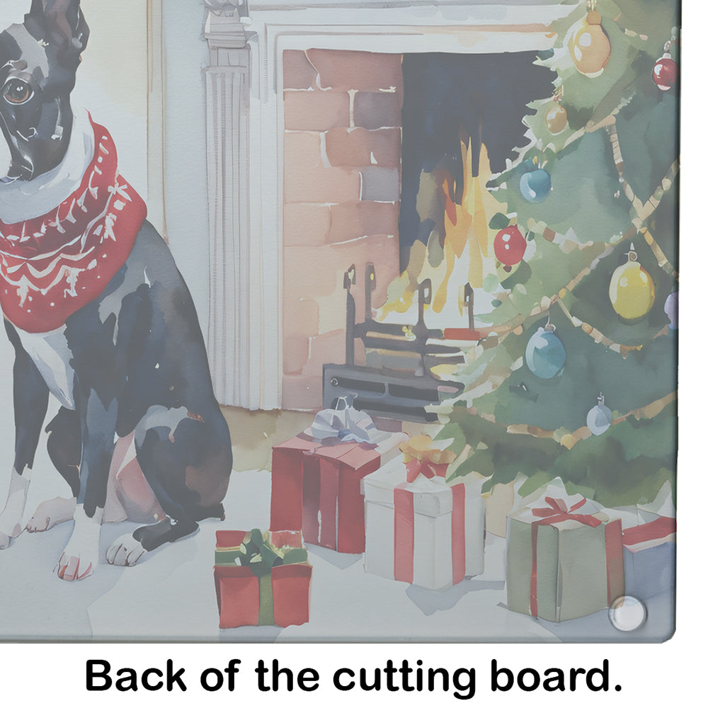 Boston Terrier Cozy Christmas Glass Cutting Board