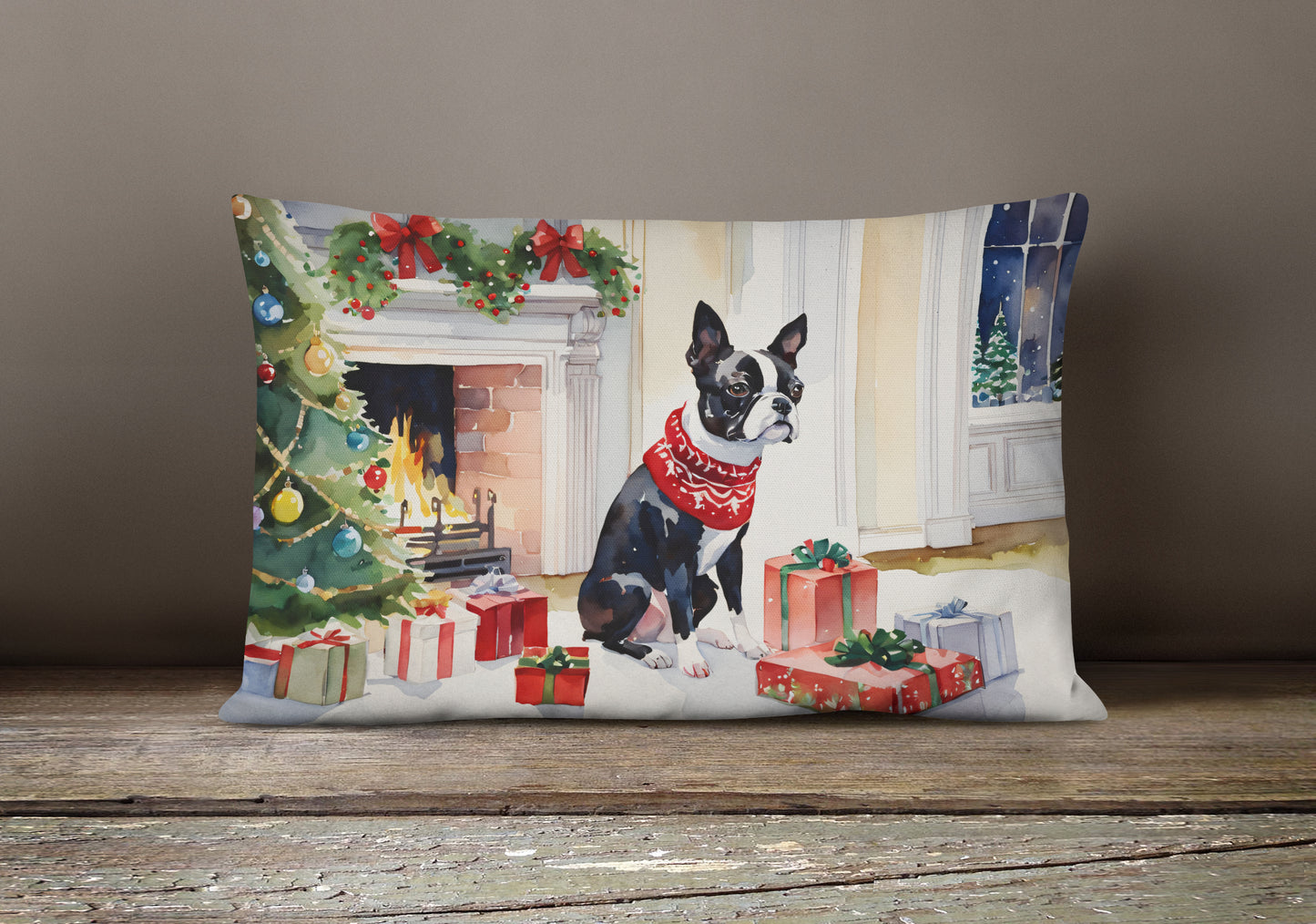 Boston Terrier Cozy Christmas Throw Pillow