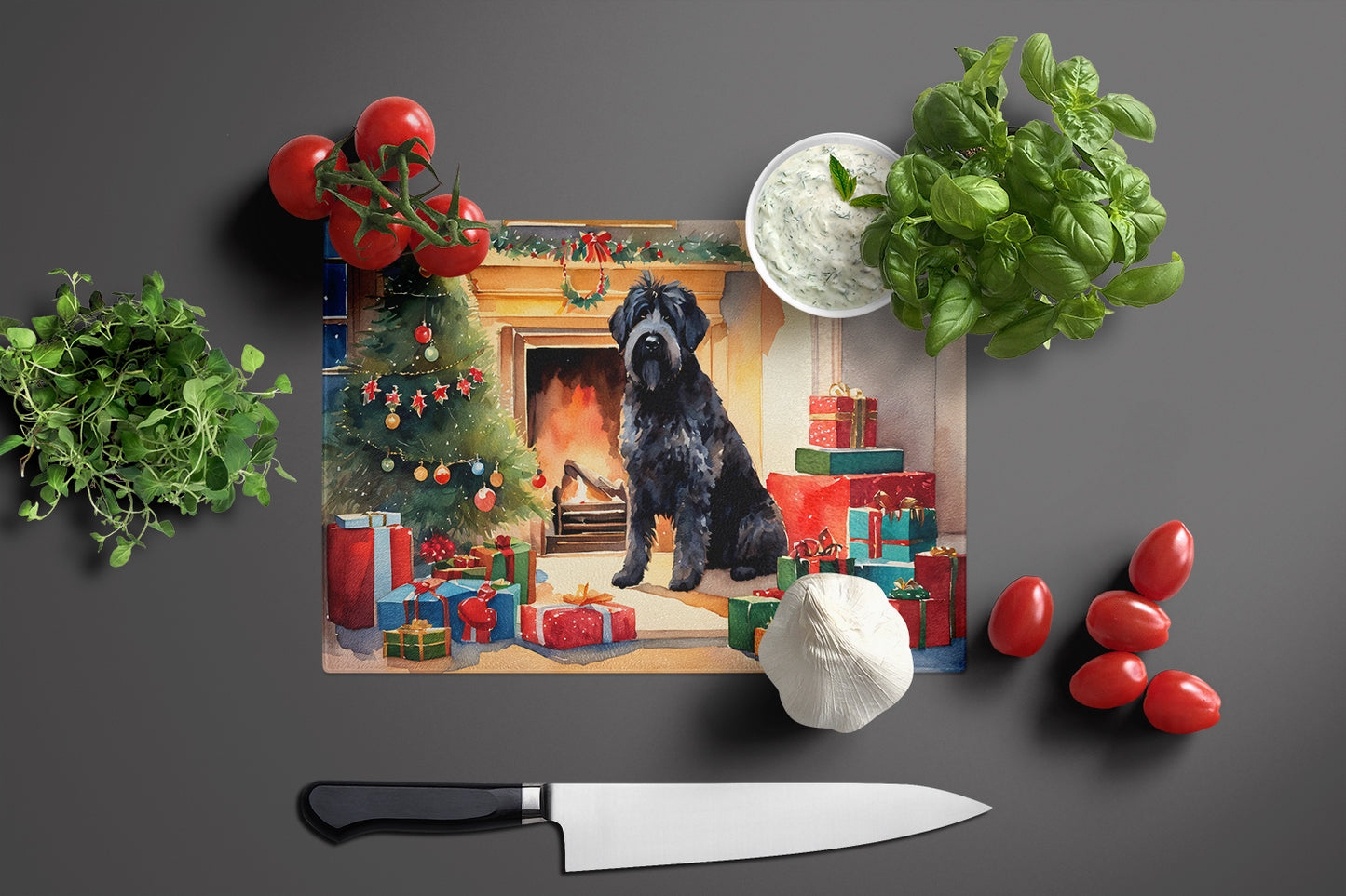 Bouvier des Flandres Cozy Christmas Glass Cutting Board