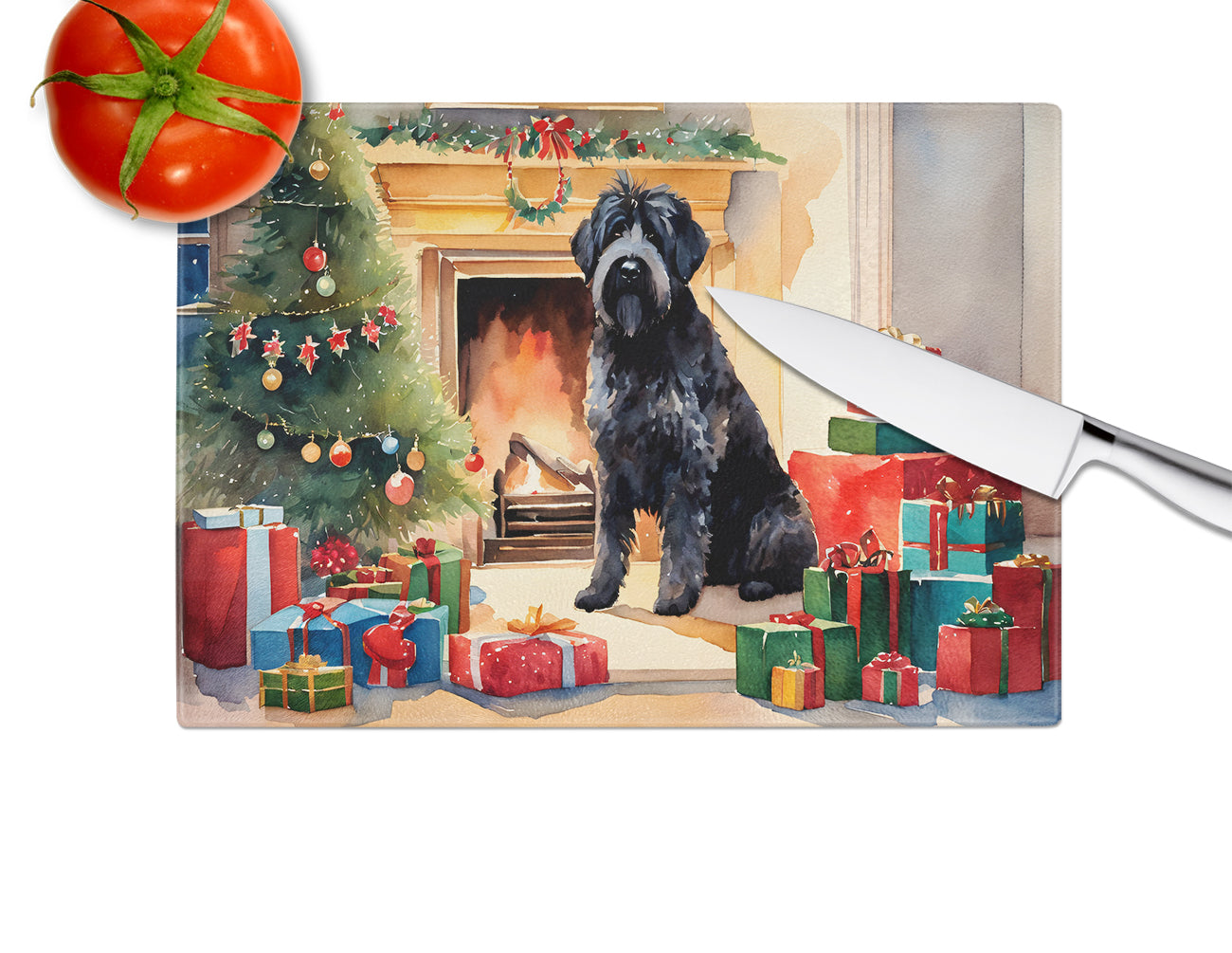 Bouvier des Flandres Cozy Christmas Glass Cutting Board