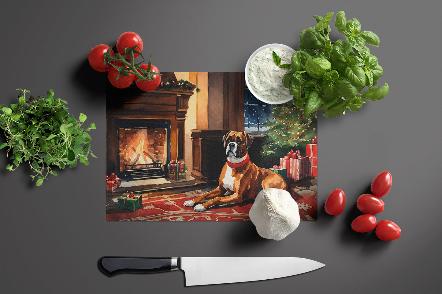 Boxer Cozy Christmas Glass Cutting Board