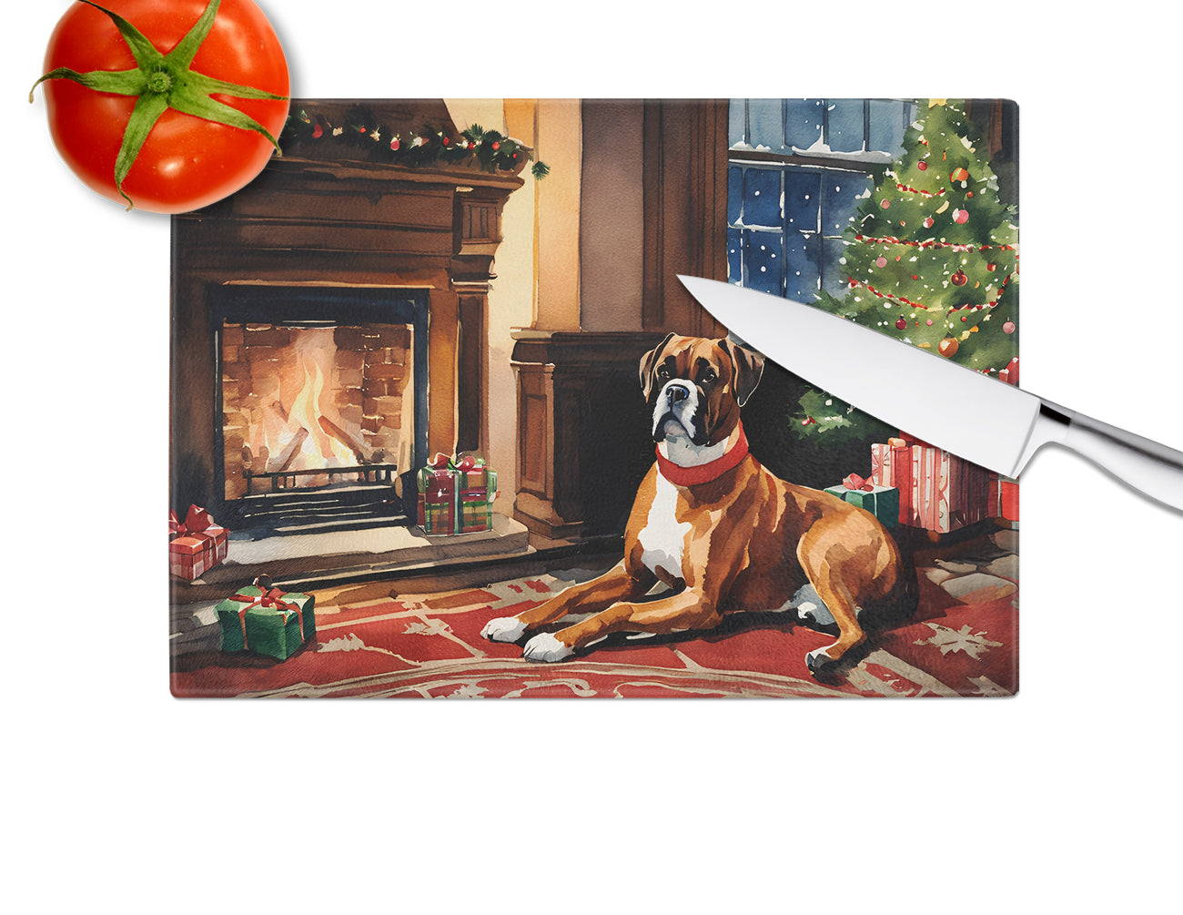 Boxer Cozy Christmas Glass Cutting Board