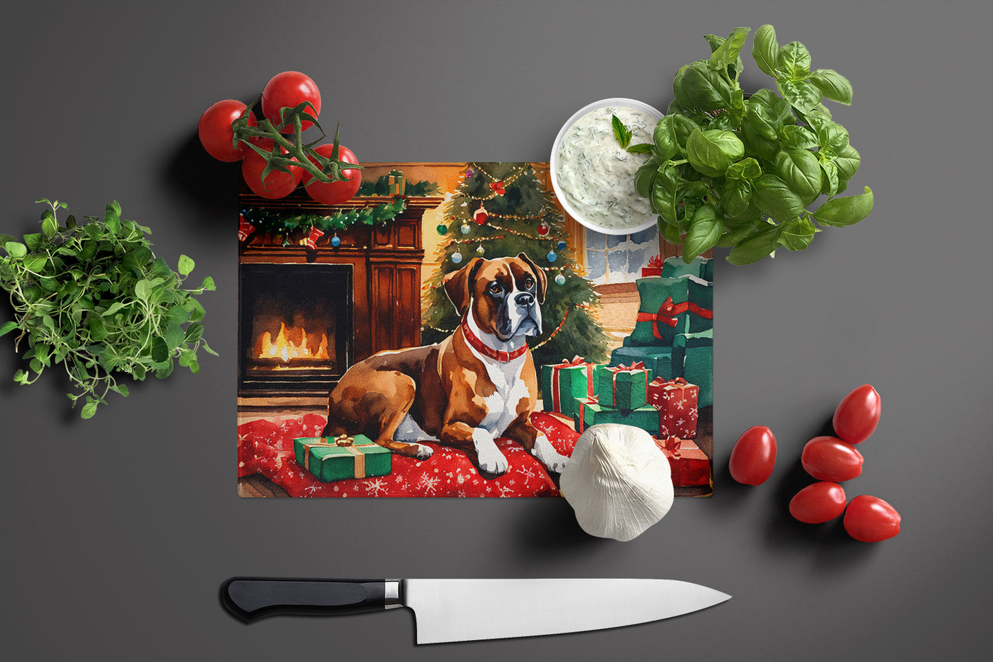 Boxer Cozy Christmas Glass Cutting Board