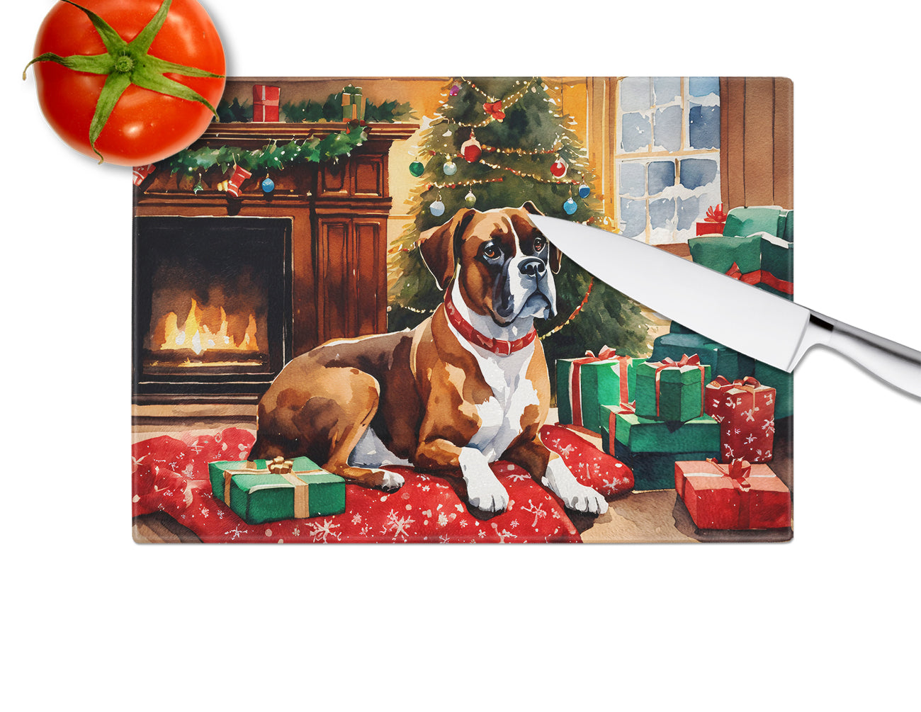 Boxer Cozy Christmas Glass Cutting Board