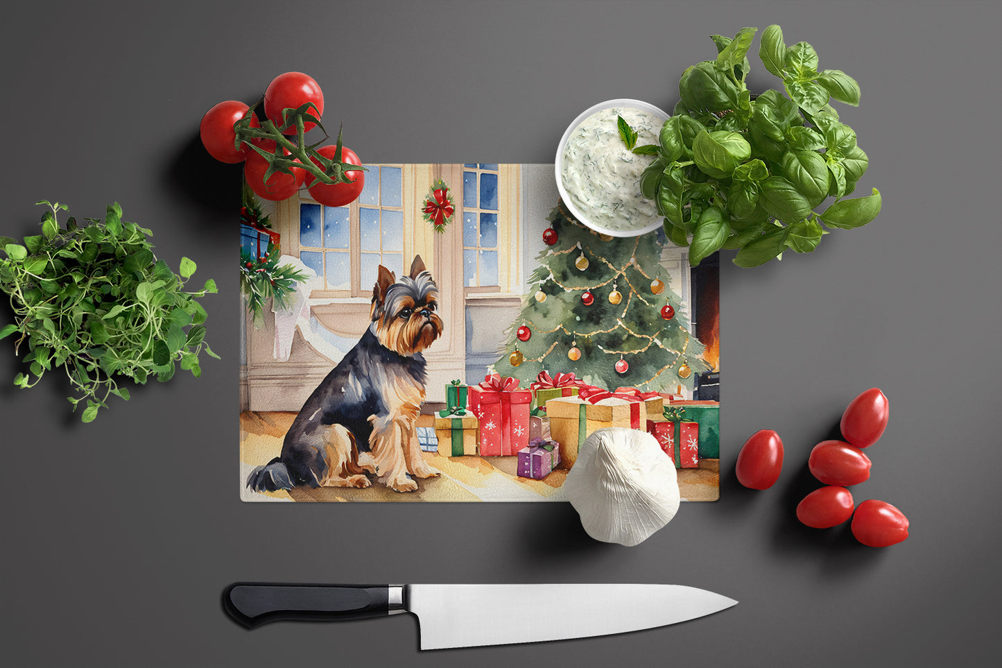 Brussels Griffon Cozy Christmas Glass Cutting Board