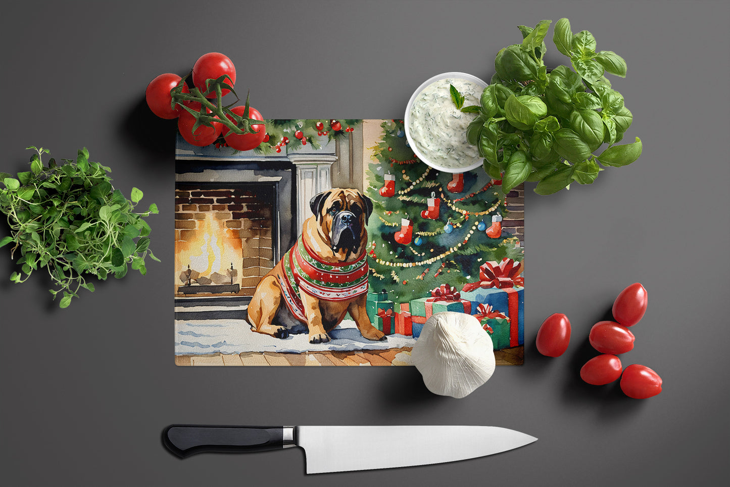 Bullmastiff Cozy Christmas Glass Cutting Board