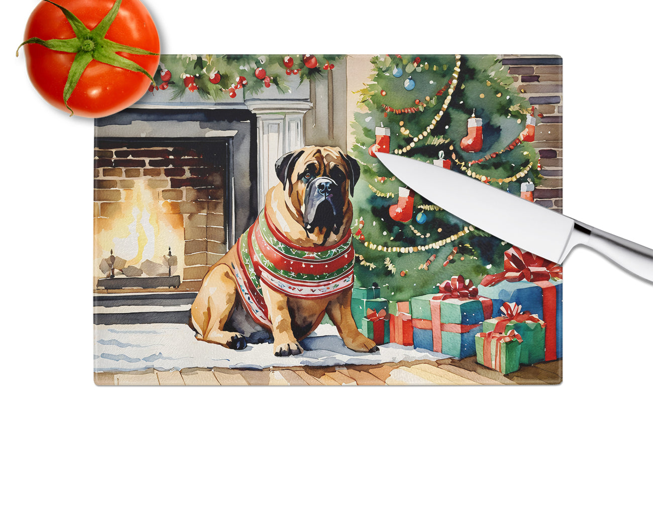 Bullmastiff Cozy Christmas Glass Cutting Board