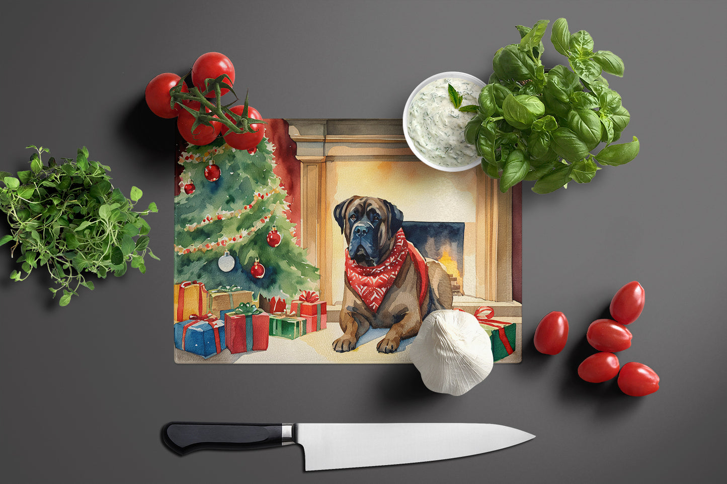 Bullmastiff Cozy Christmas Glass Cutting Board