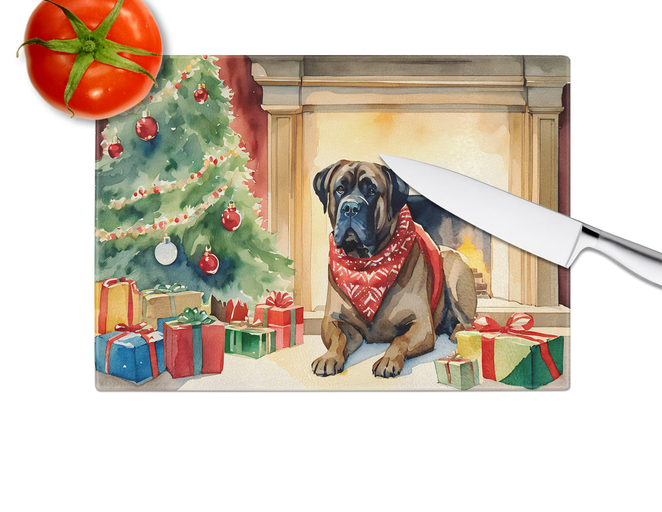 Bullmastiff Cozy Christmas Glass Cutting Board