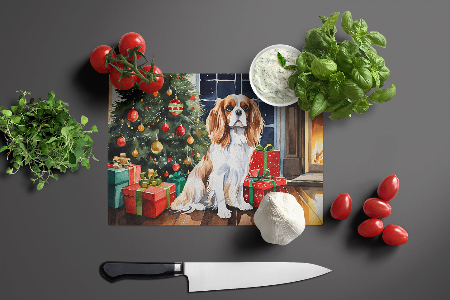 Cavalier Spaniel Cozy Christmas Glass Cutting Board