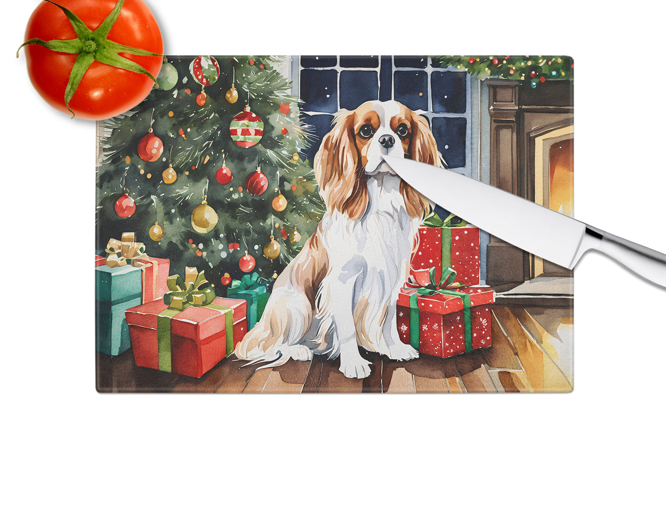 Cavalier Spaniel Cozy Christmas Glass Cutting Board