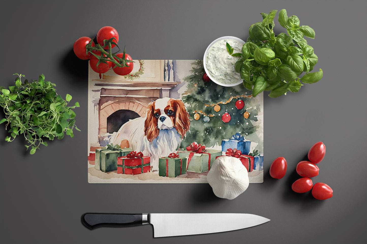 Cavalier Spaniel Cozy Christmas Glass Cutting Board