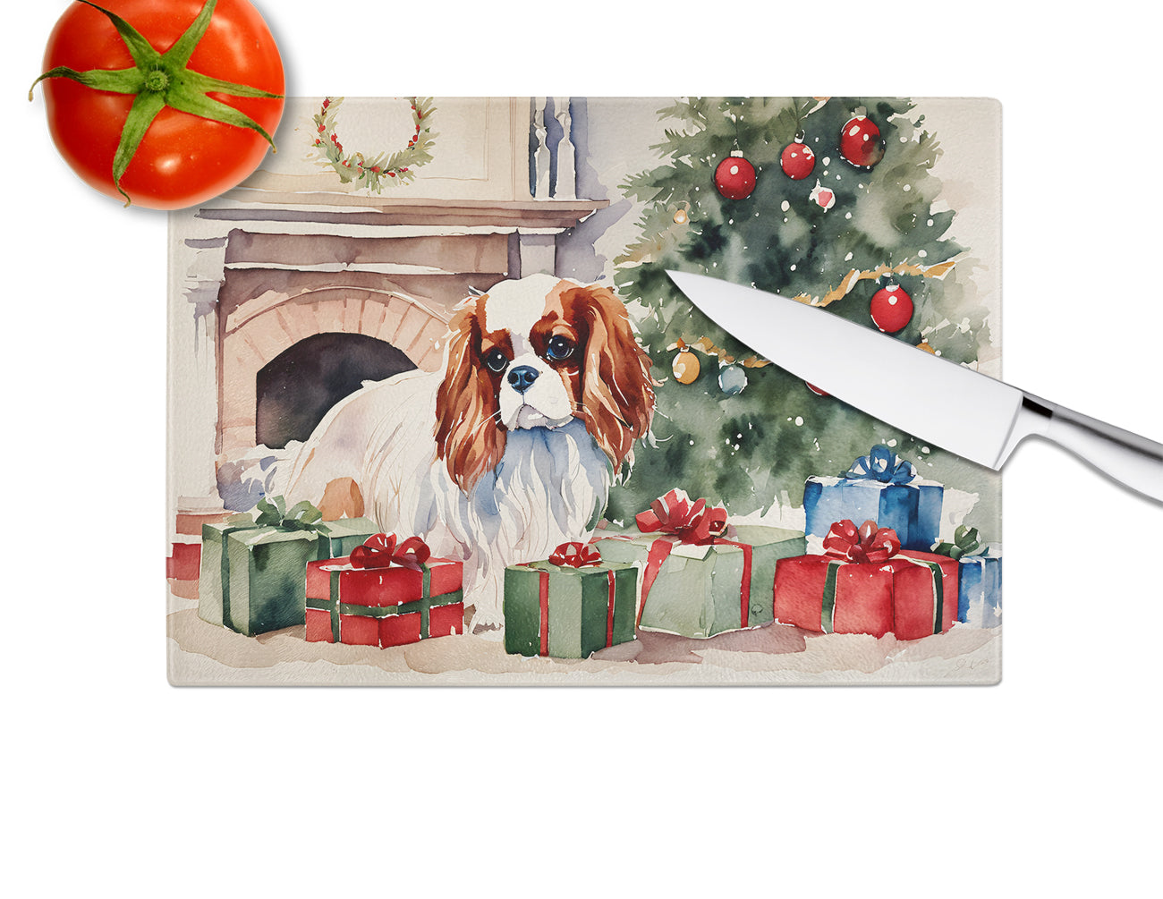 Cavalier Spaniel Cozy Christmas Glass Cutting Board