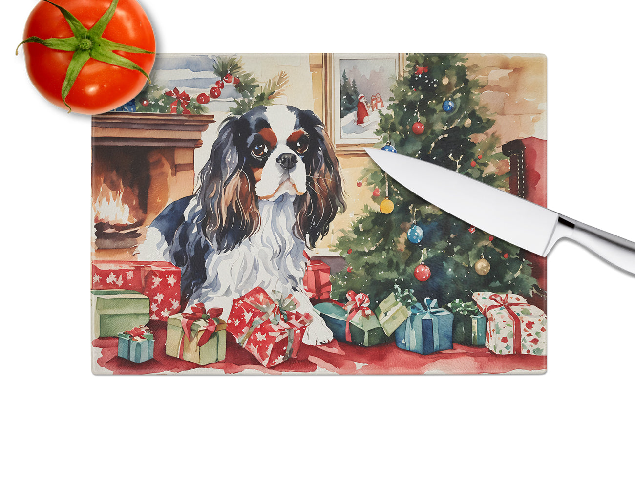 Cavalier Spaniel Cozy Christmas Glass Cutting Board