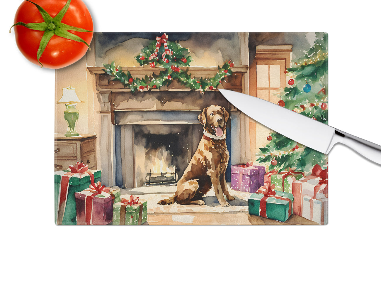 Chesapeake Bay Retriever Cozy Christmas Glass Cutting Board