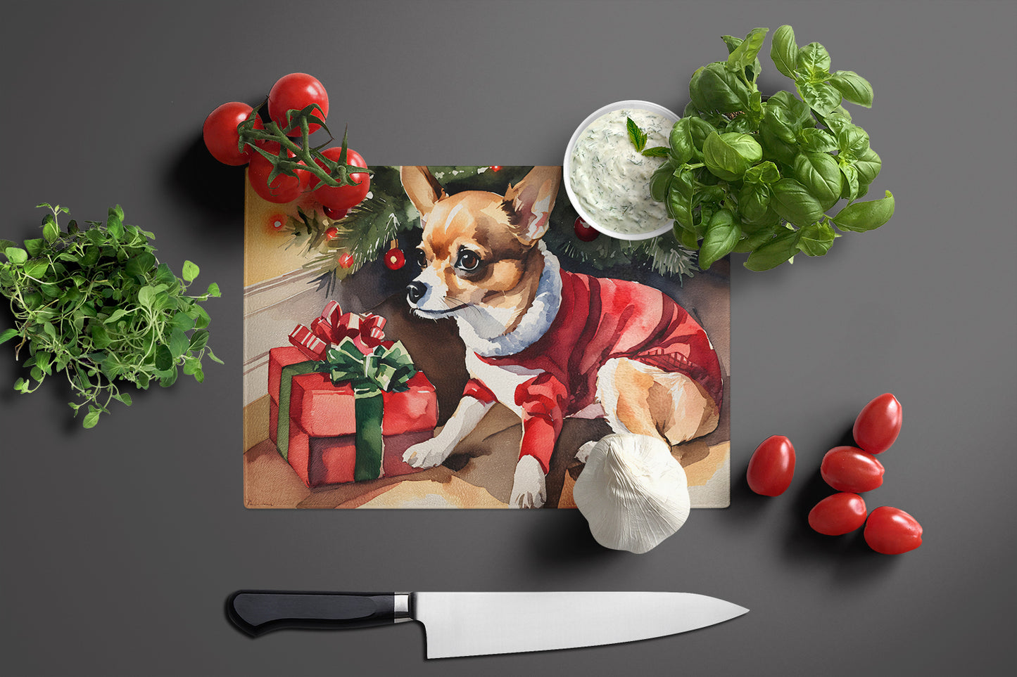 Chihuahua Cozy Christmas Glass Cutting Board