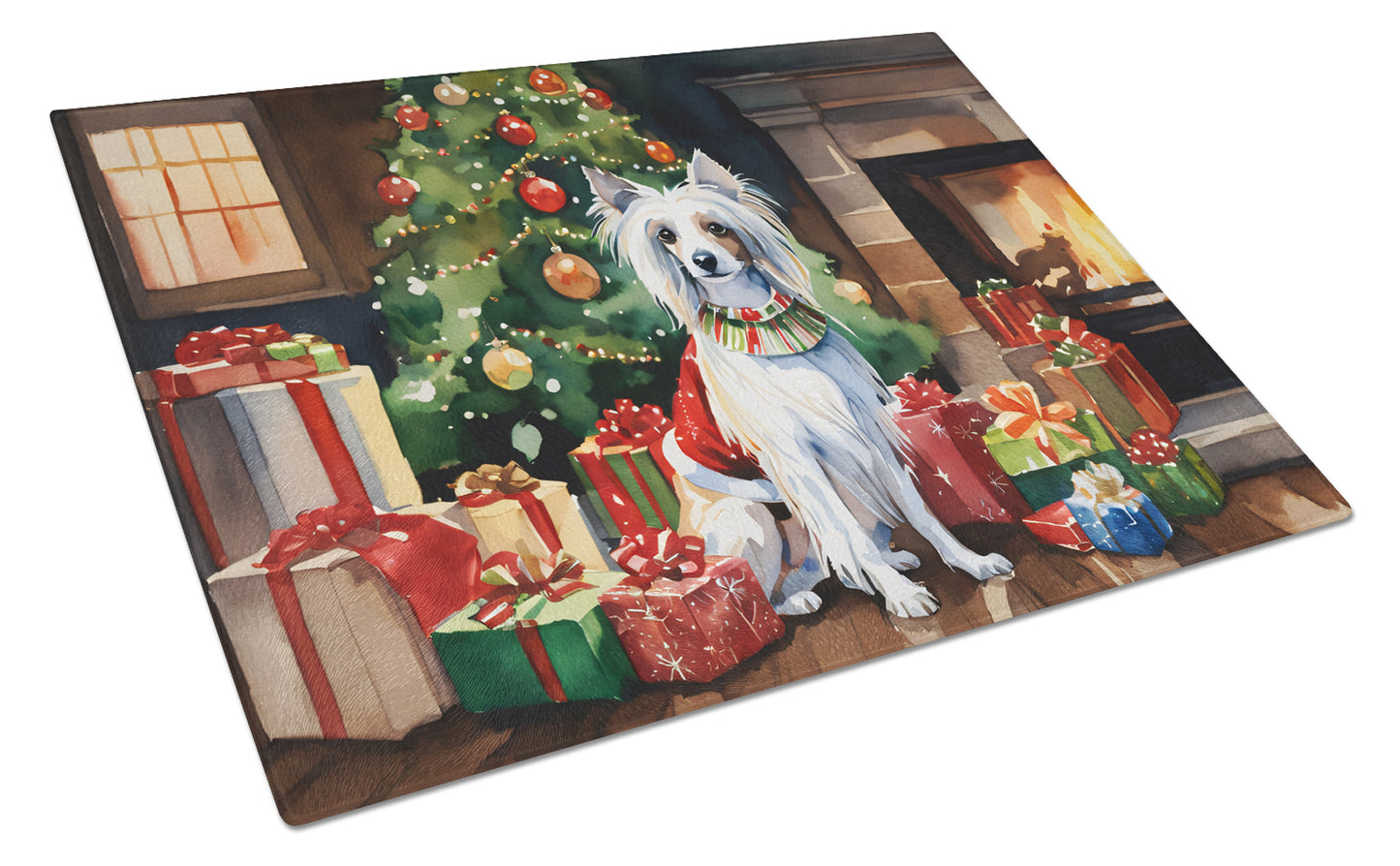 Buy this Chinese Crested Cozy Christmas Glass Cutting Board