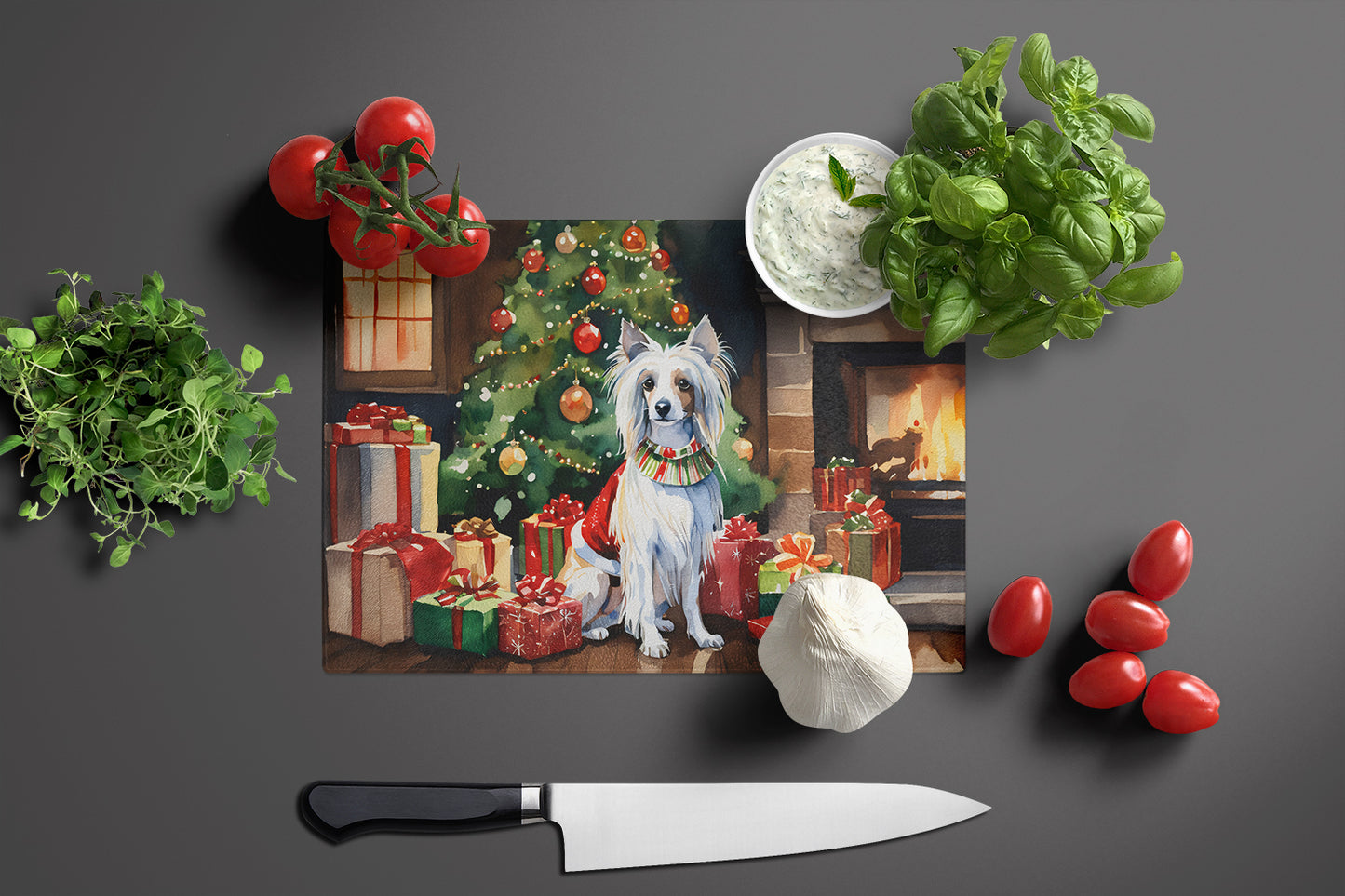 Chinese Crested Cozy Christmas Glass Cutting Board