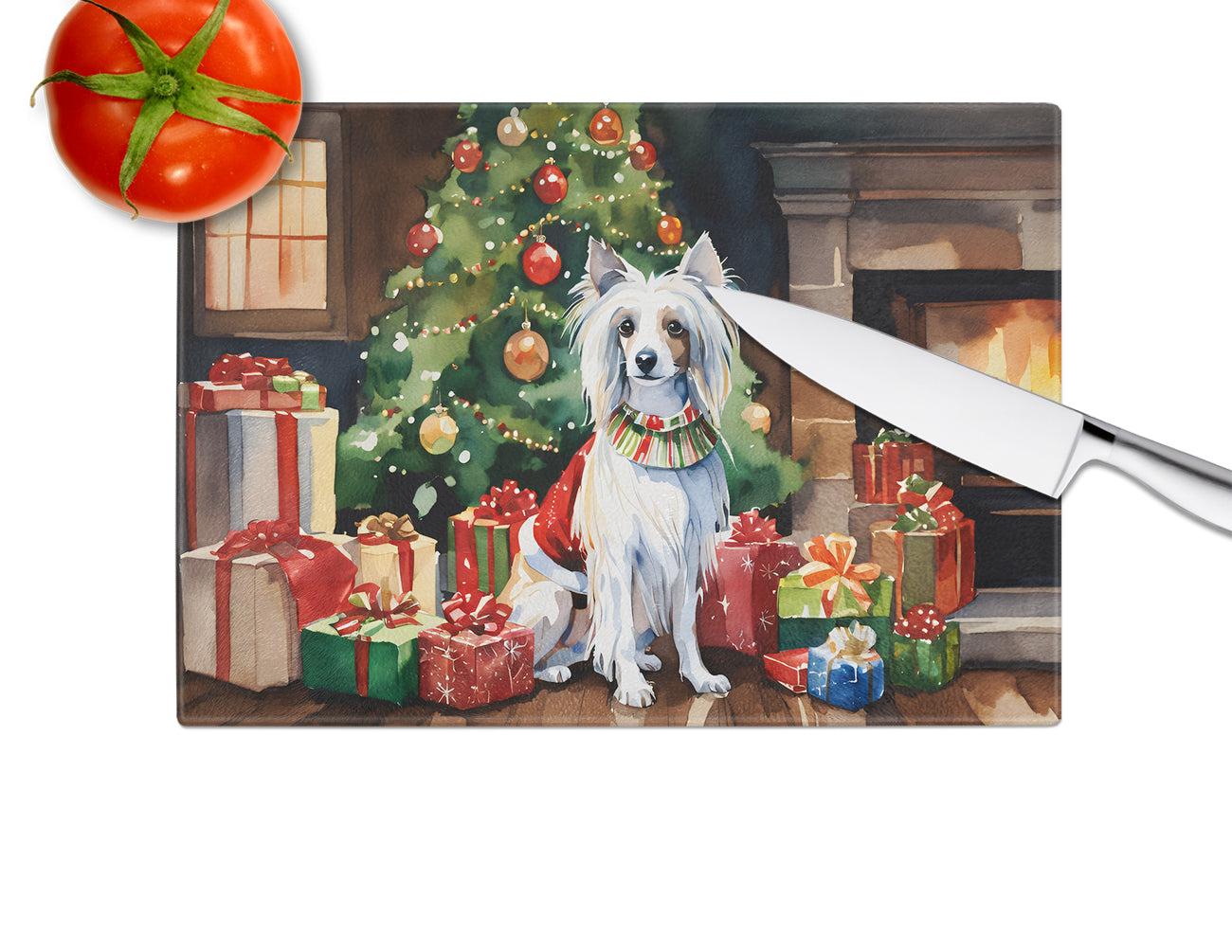 Chinese Crested Cozy Christmas Glass Cutting Board