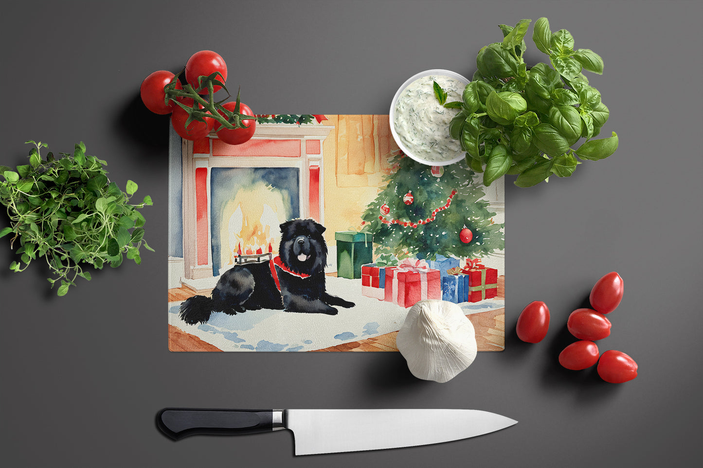 Chow Chow Cozy Christmas Glass Cutting Board