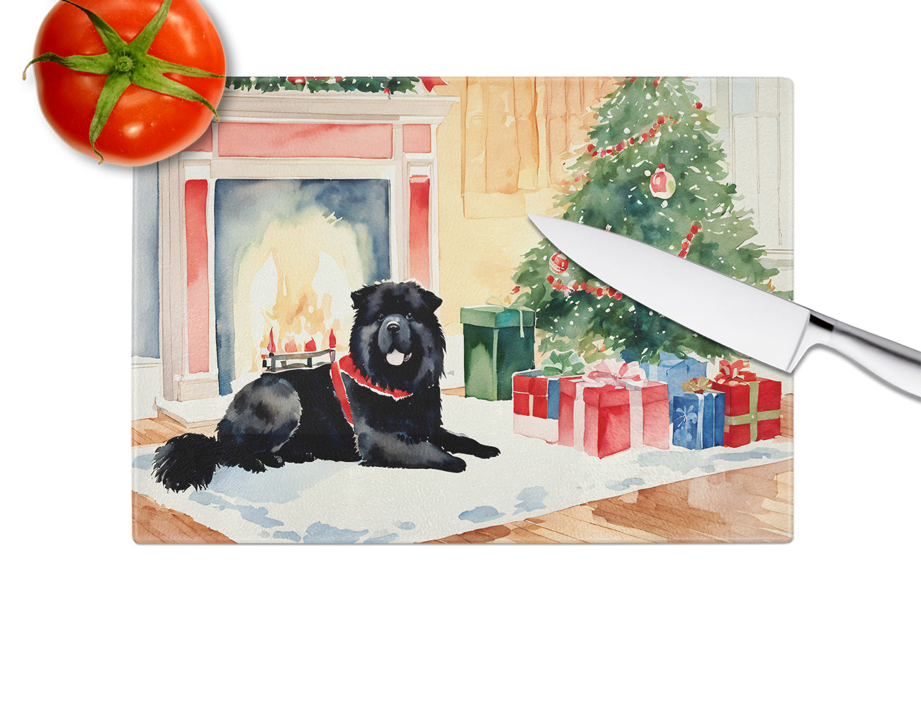 Chow Chow Cozy Christmas Glass Cutting Board