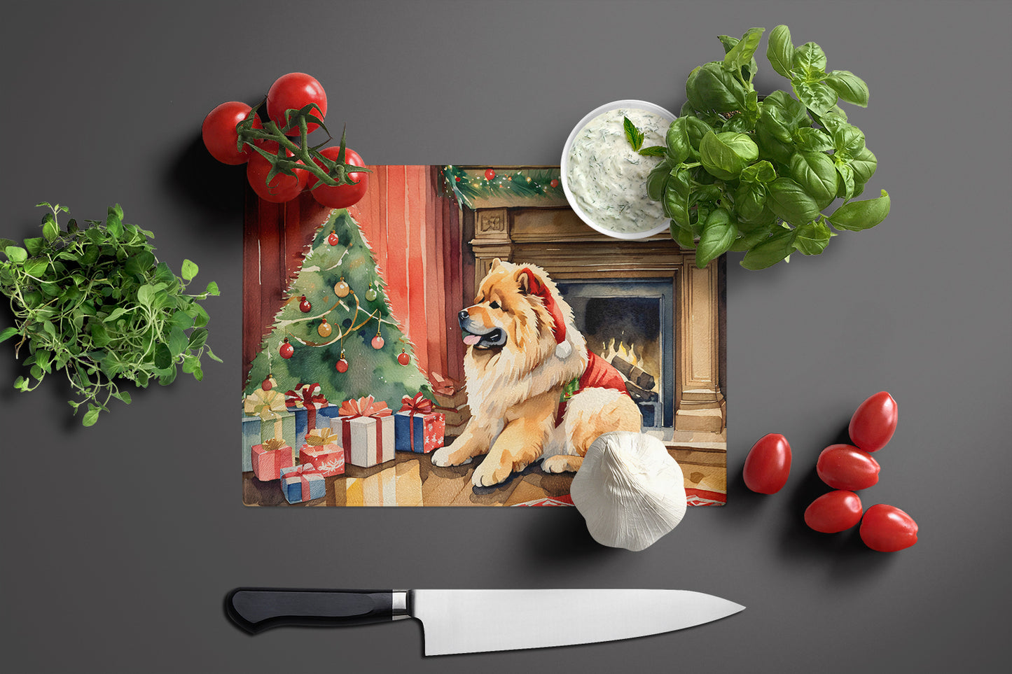 Chow Chow Cozy Christmas Glass Cutting Board