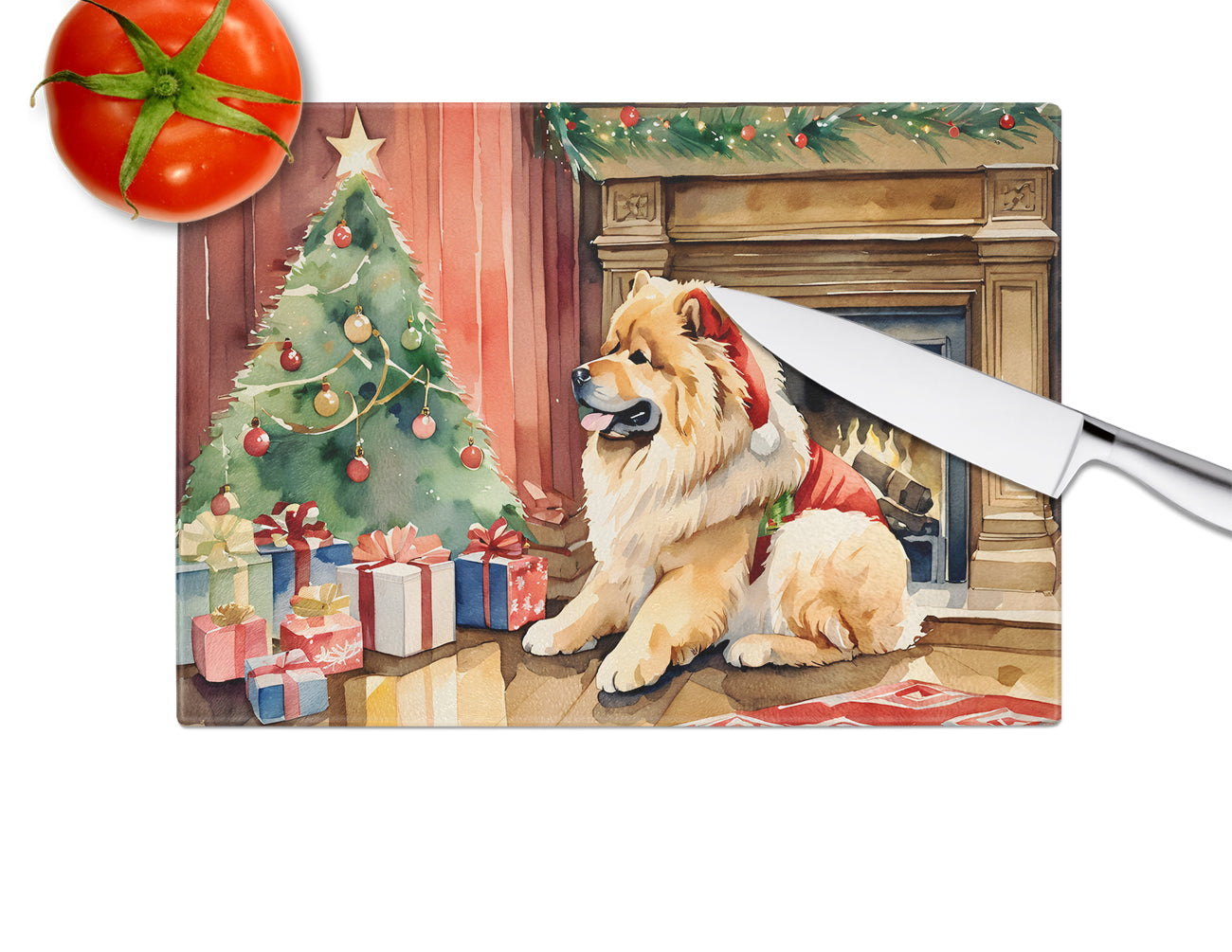 Chow Chow Cozy Christmas Glass Cutting Board