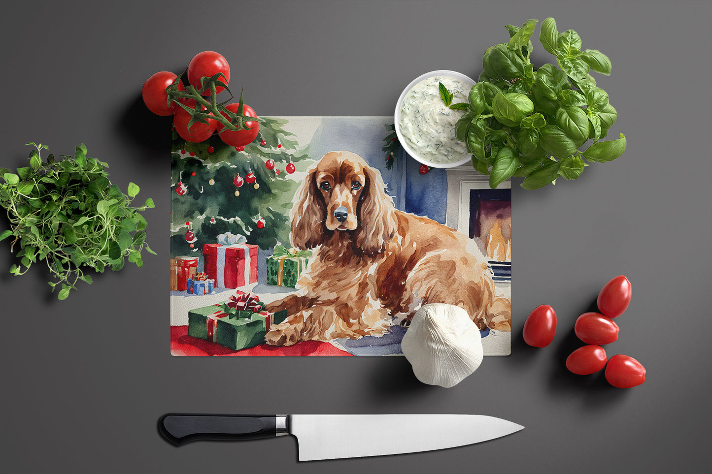 Cocker Spaniel Cozy Christmas Glass Cutting Board