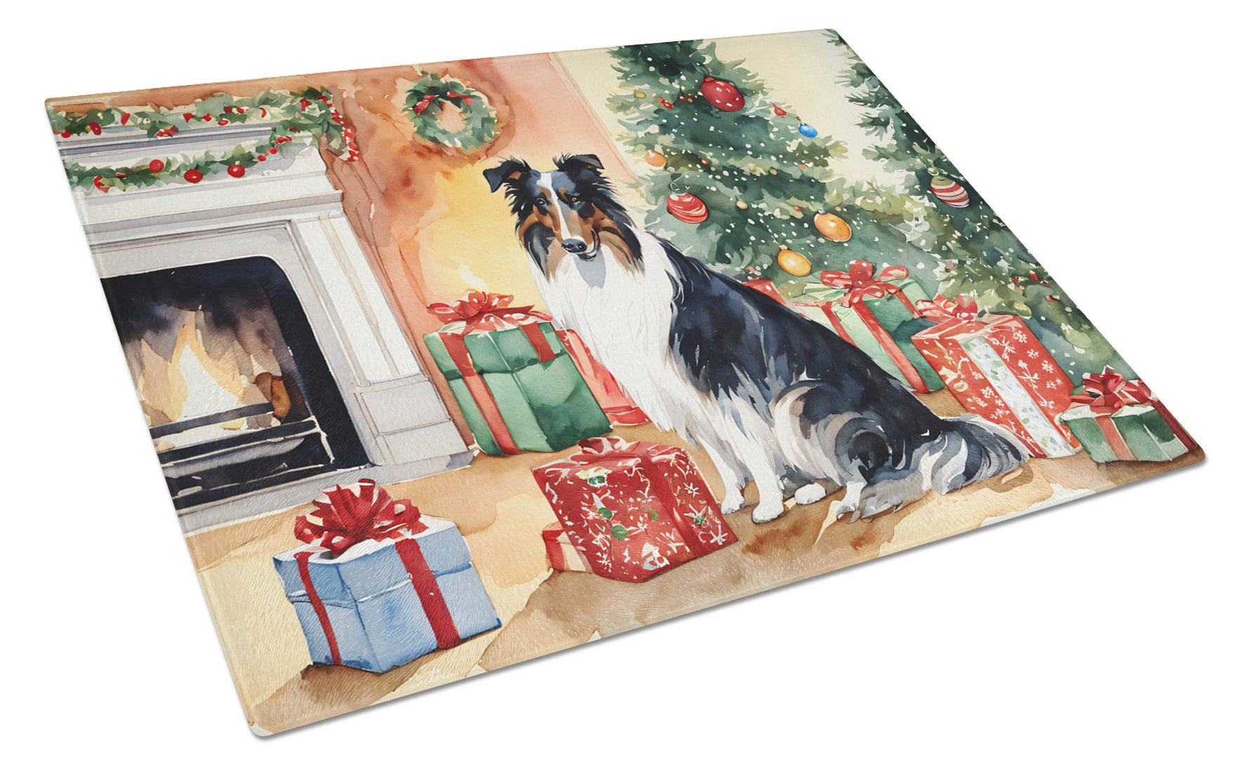 Buy this Collie Cozy Christmas Glass Cutting Board