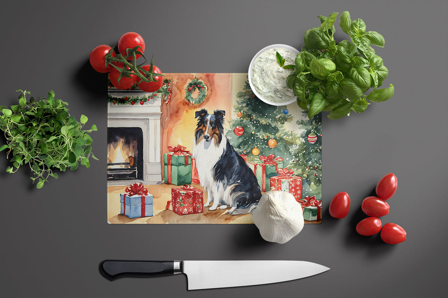 Collie Cozy Christmas Glass Cutting Board