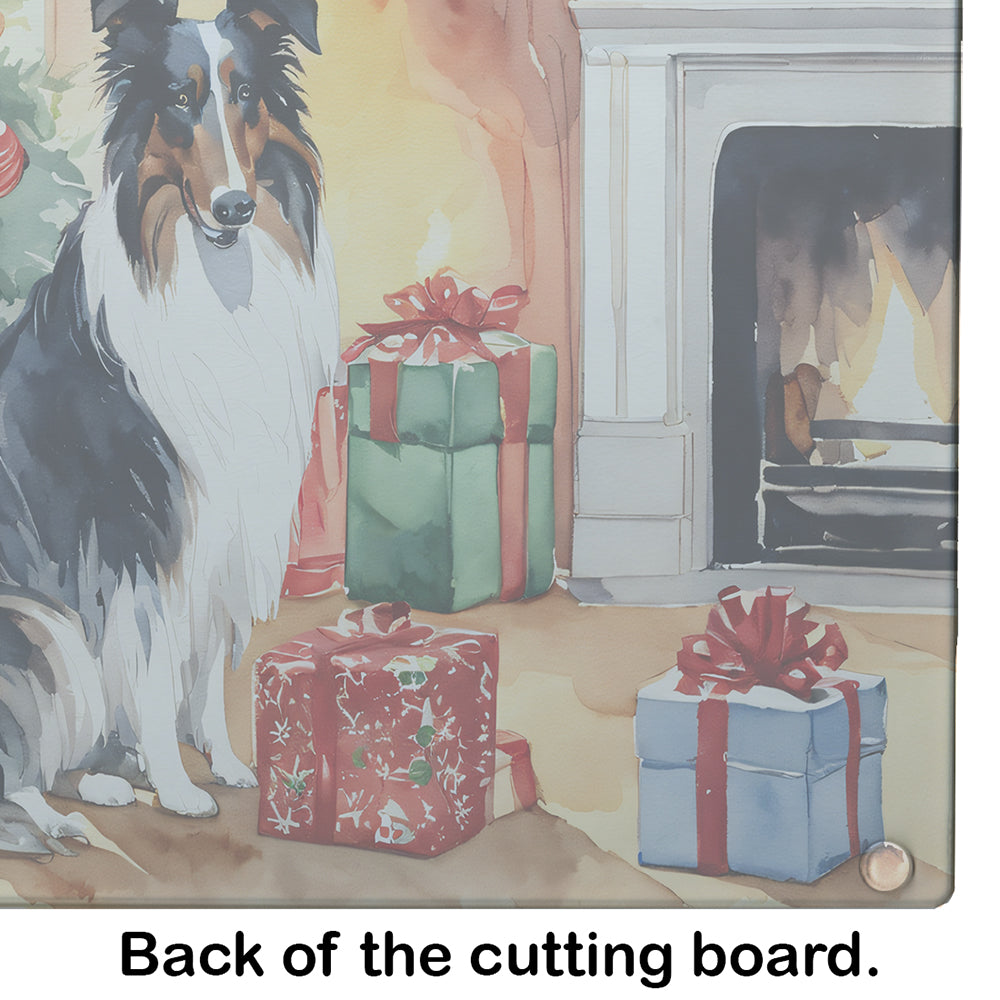 Collie Cozy Christmas Glass Cutting Board